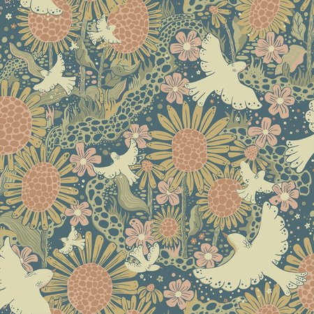 MANHATTAN COMFORT Roubaix Drmma Teal Songbirds and Sunflowers 33 ft L X 209 in W Wallpaper BR4111-63007
